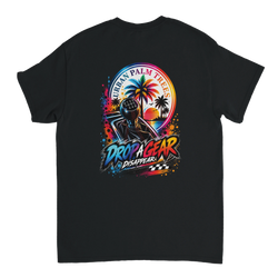 Black men's graphic tee featuring a colorful "Drop a Gear Disappear" design with a manual shift knob and palm tree sunset.