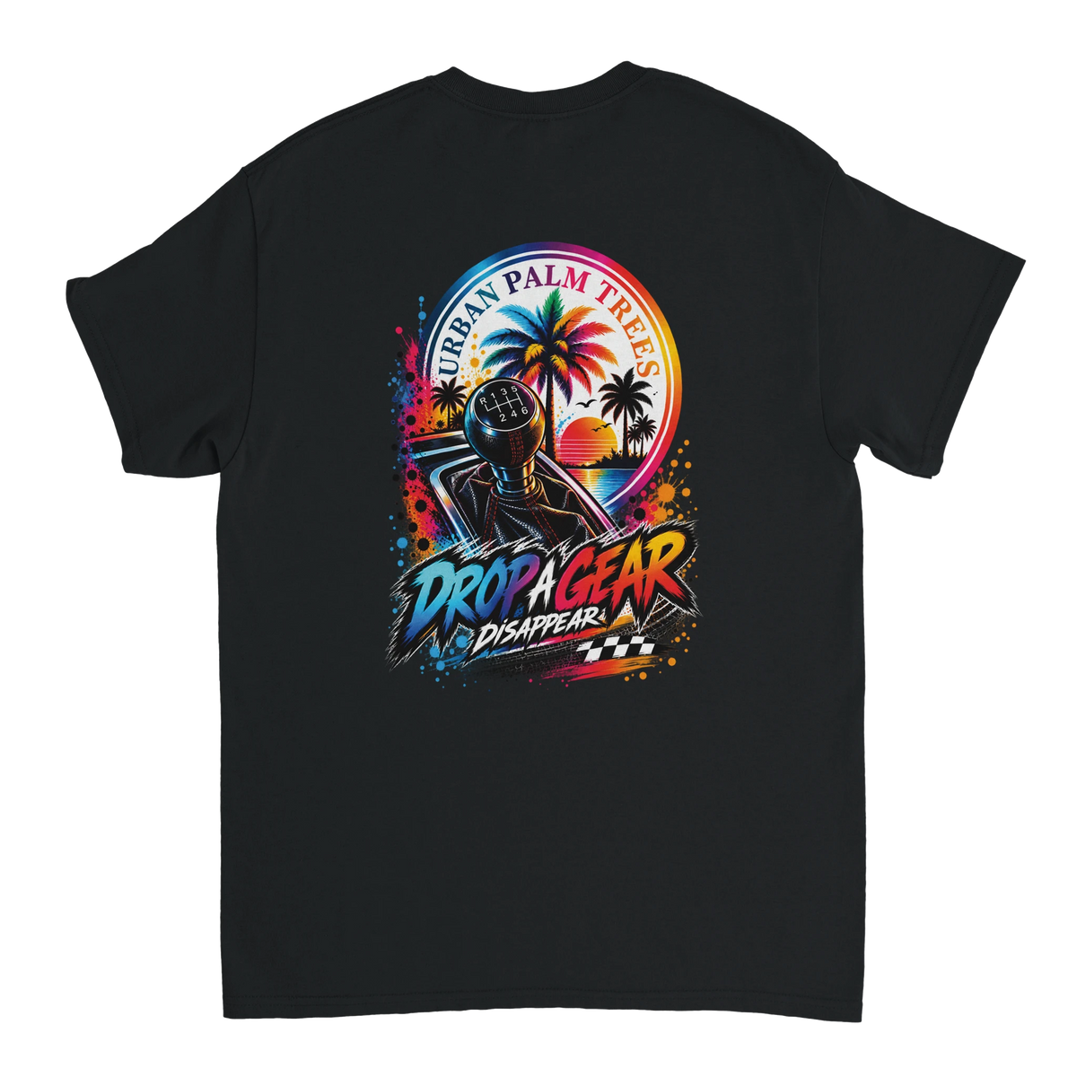 Black men's graphic tee featuring a colorful "Drop a Gear Disappear" design with a manual shift knob and palm tree sunset.