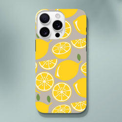 Cute yellow lemon tough iPhone case with citrus fruit pattern on beige background for drop protection.