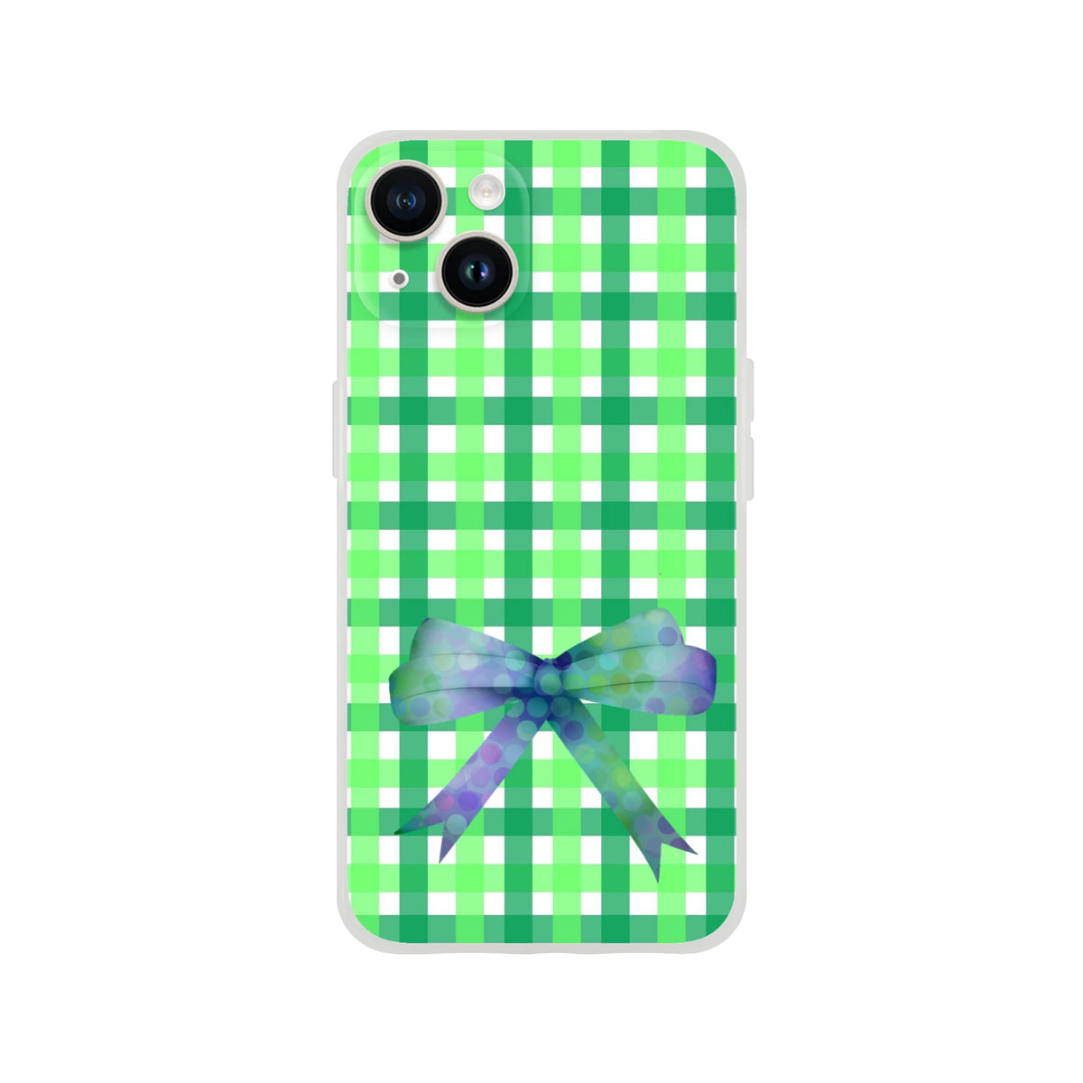 Green gingham bow iPhone case (13-16) with frosted transparent TPU and printed bow for a cute coquette look
