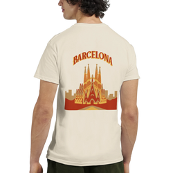 Cream Barcelona Sagrada Familia graphic tee featuring cathedral illustration.