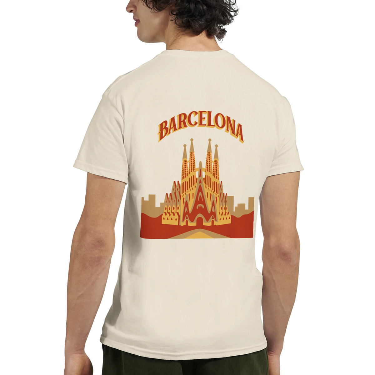 Cream Barcelona Sagrada Familia graphic tee featuring cathedral illustration.