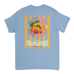 Blue t-shirt back with retro striped orange graphic print featuring Urban Palm Trees text and fruit illustration.