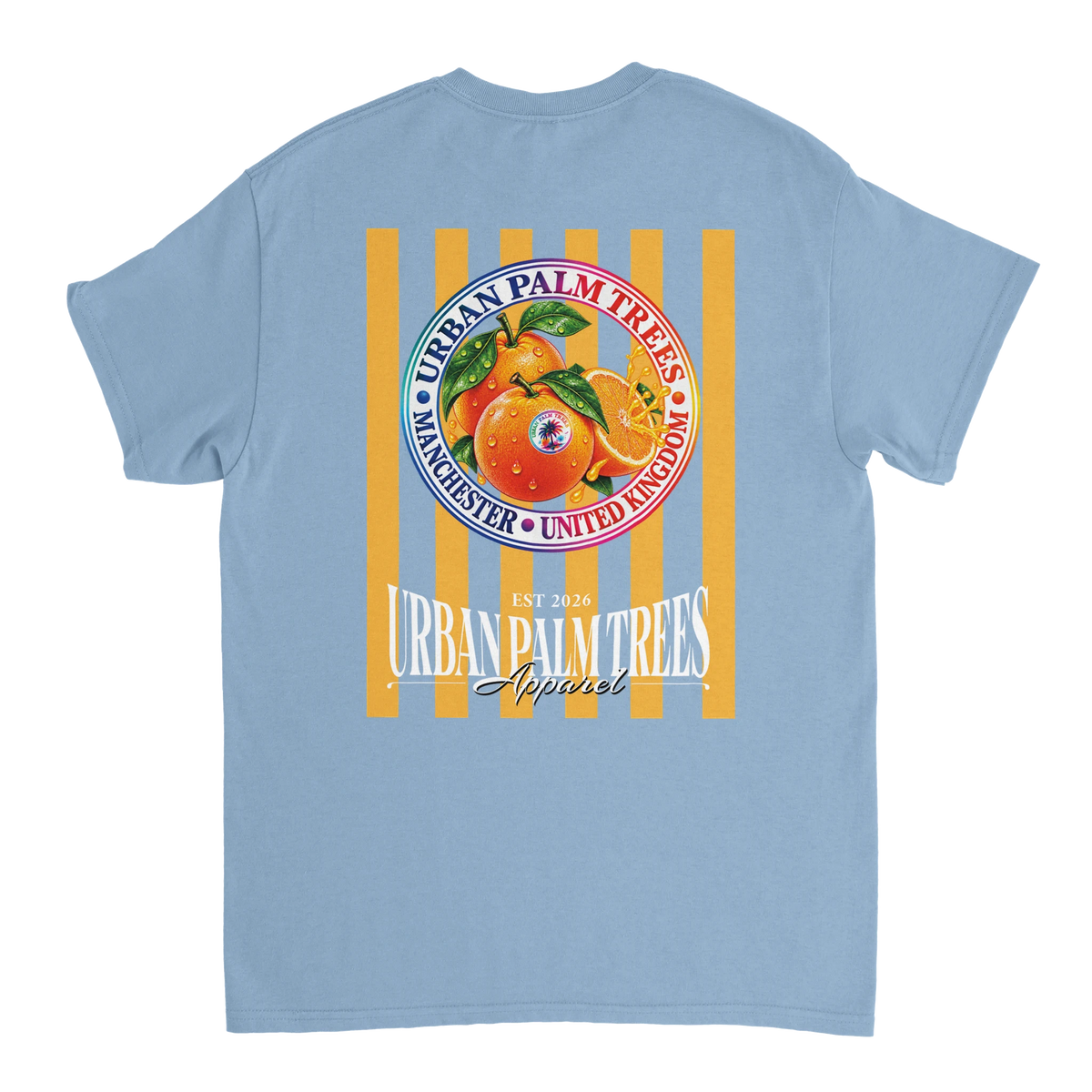 Blue t-shirt back with retro striped orange graphic print featuring Urban Palm Trees text and fruit illustration.