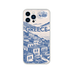 Vintage Greece postcard iPhone case with blue townscape and bold GREECE lettering.