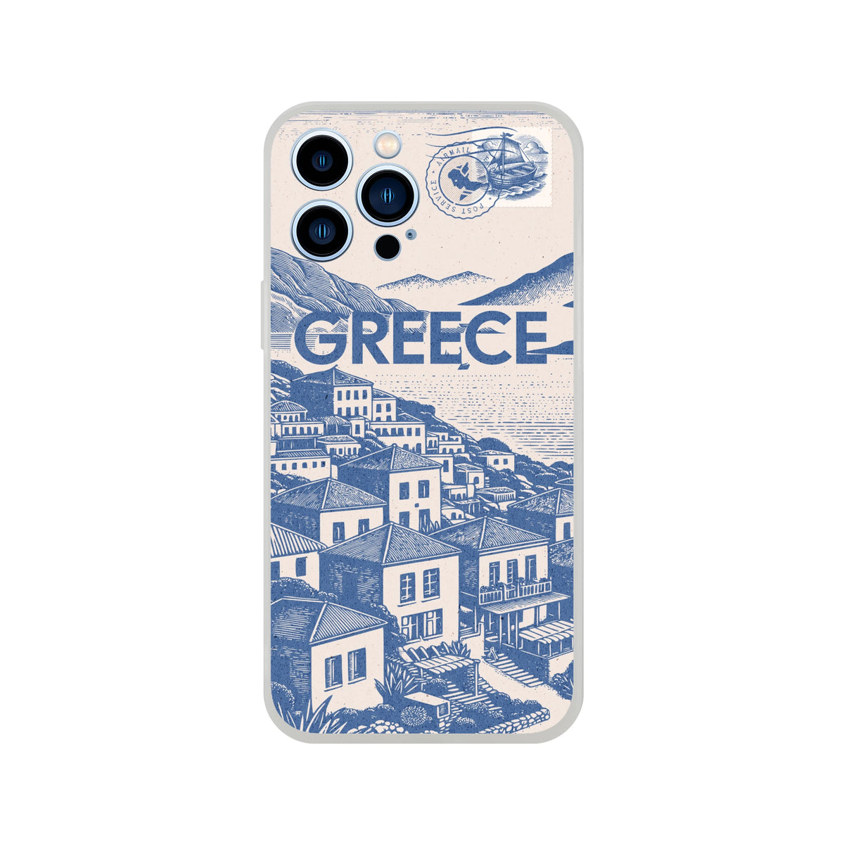 Vintage Greece postcard iPhone case with blue townscape and bold GREECE lettering.