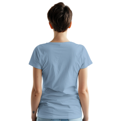Back view of a woman wearing a light blue pastel scooter graphic t-shirt. Retro gignet aesthetic streetwear top.