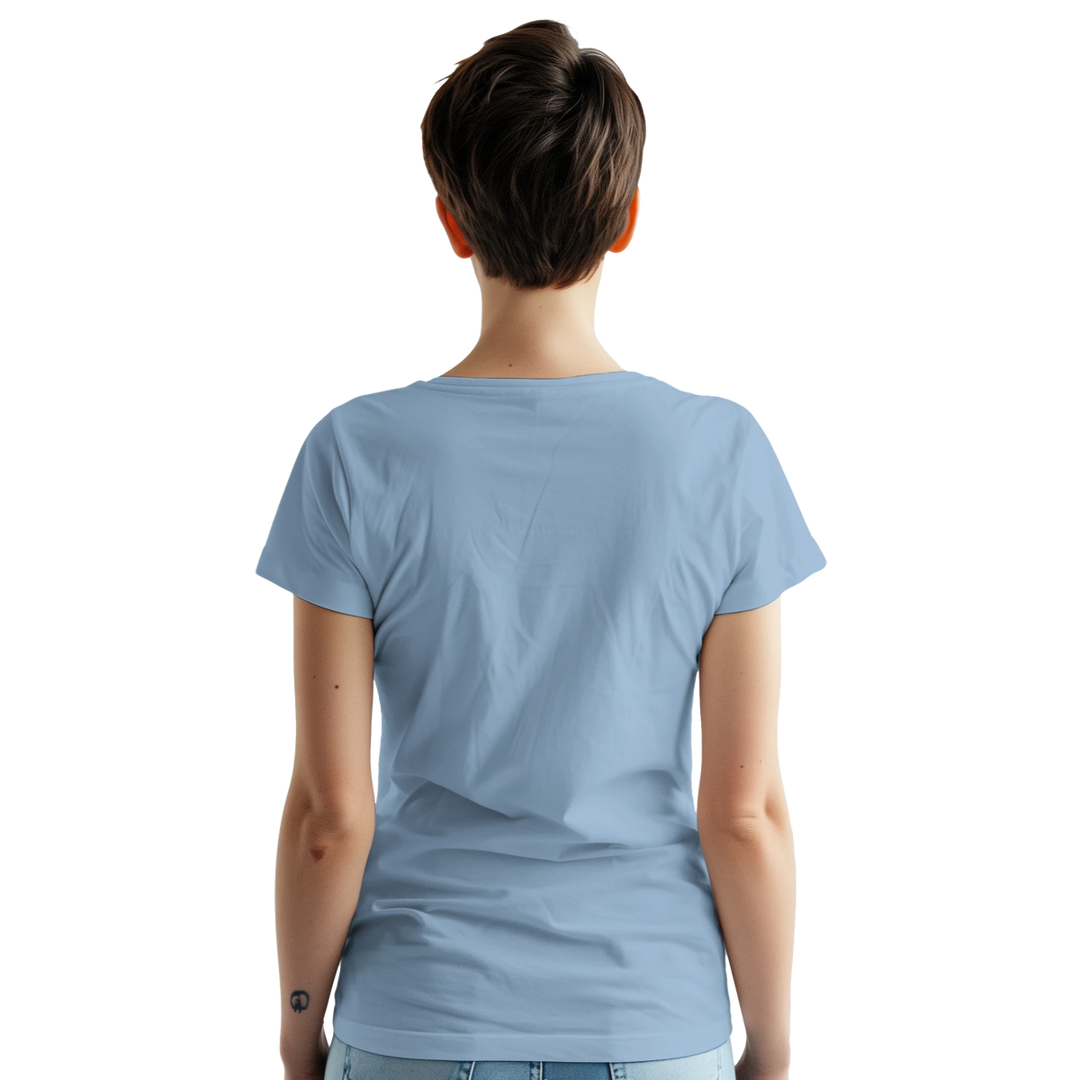 Back view of a woman wearing a light blue pastel scooter graphic t-shirt. Retro gignet aesthetic streetwear top.