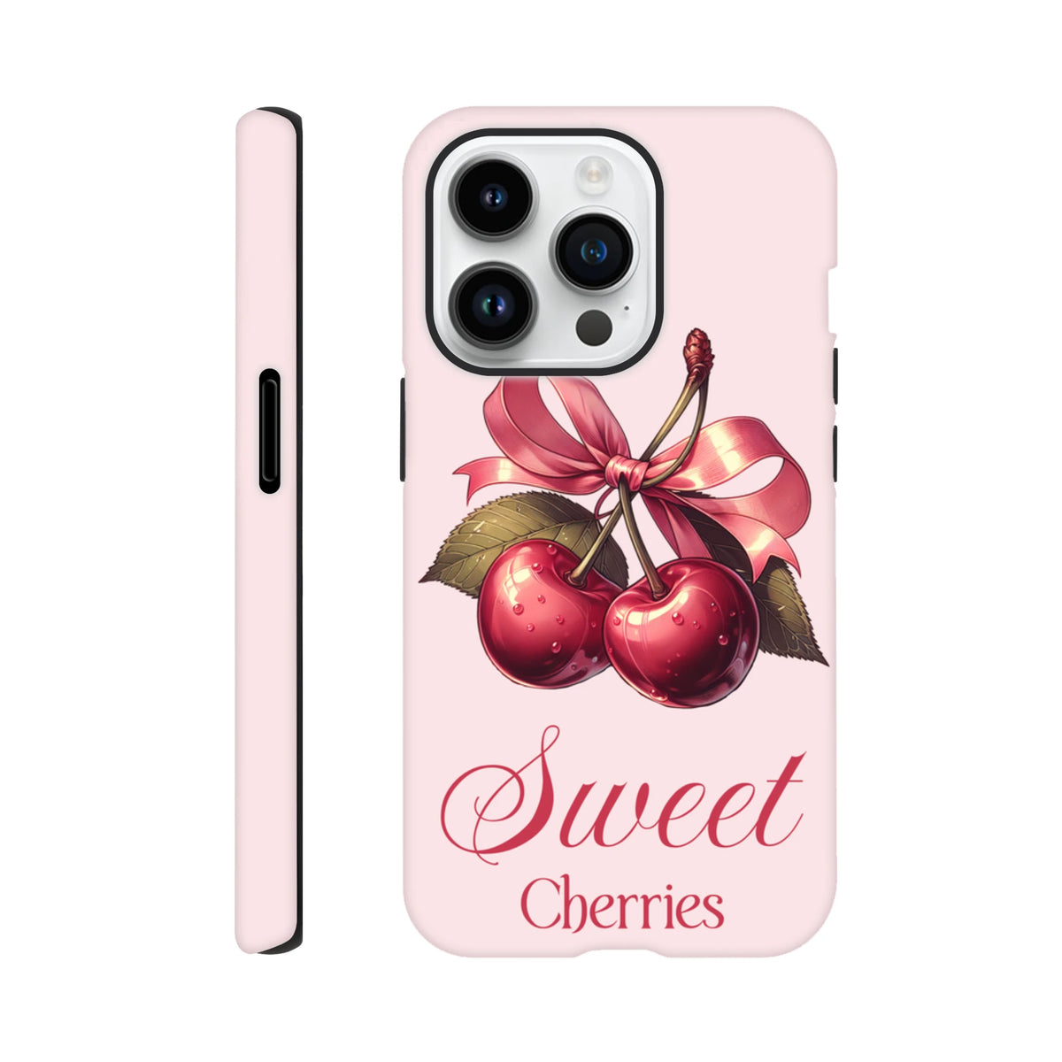 Pink iPhone case featuring retro red cherries tied with a vintage pink bow and Sweet Cherries script text.