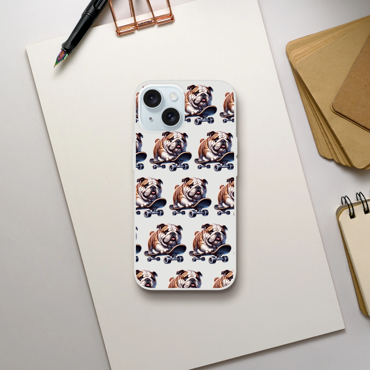 British Bulldog skateboard pattern slim protective clear case for iPhone 13-16 with frosty transparent finish