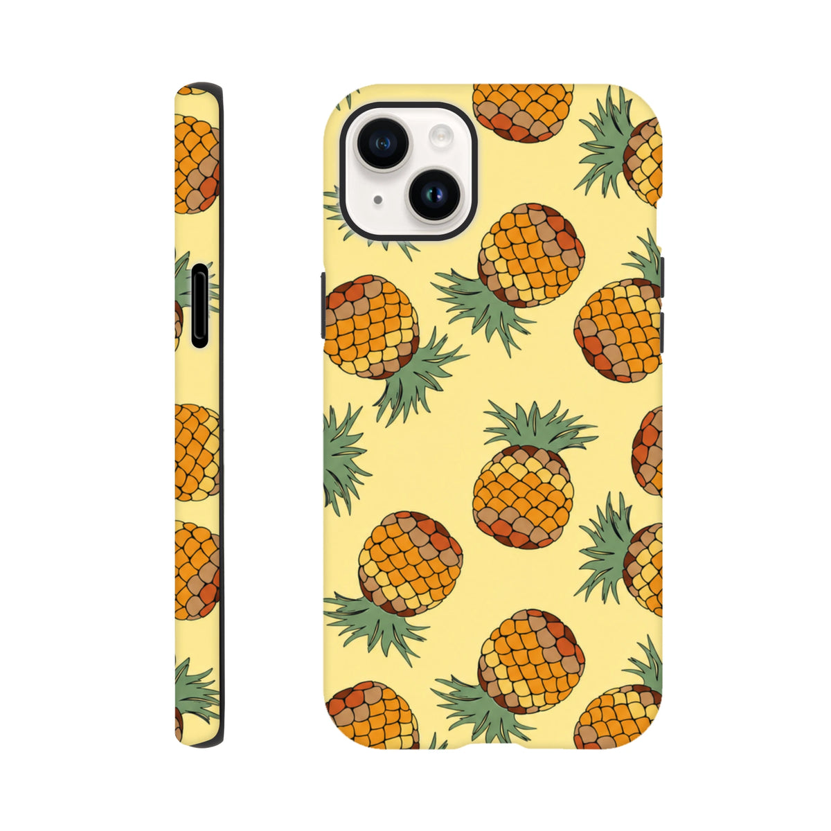 Yellow pineapple tough iPhone case with tropical wraparound print. Protective street-ready phone cover for iOS 13-16 featuring fresh fruit design.