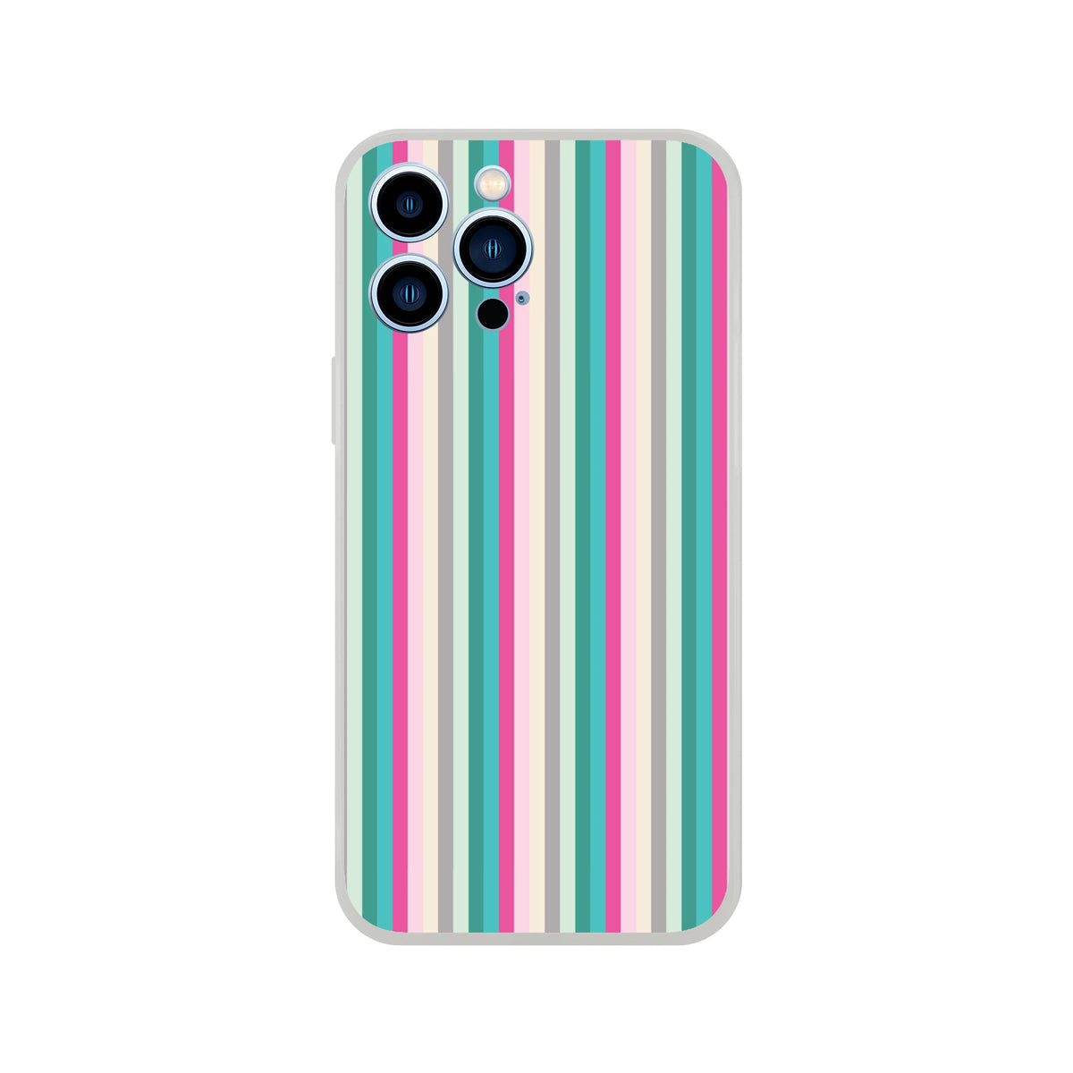 Pastel stripe iPhone case 13-16 with teal pink beige stripes for a colorful streetwear look