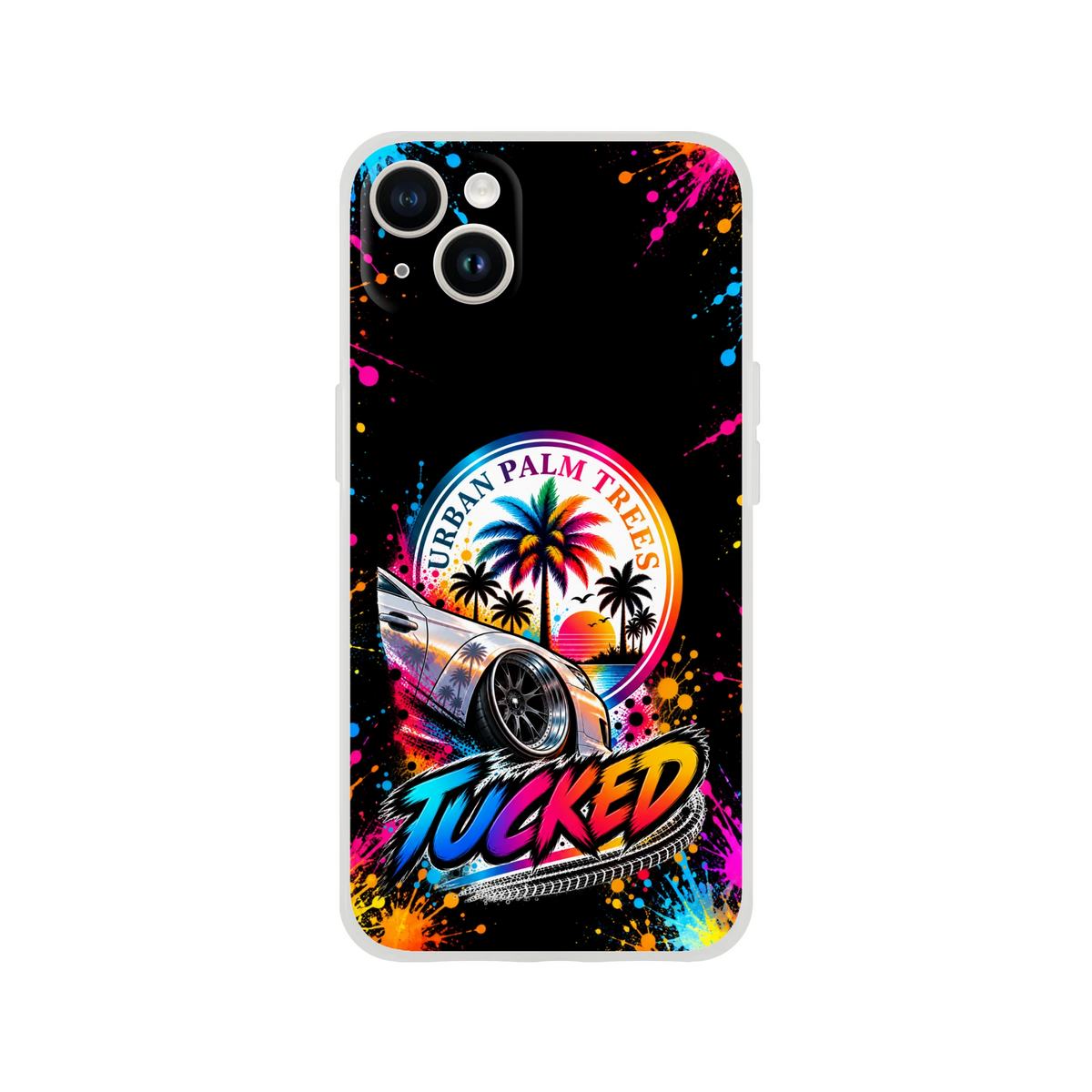 Tucked stance car culture iPhone case featuring lowered car, colorful palm trees sunset design, and paint splatters on black background.