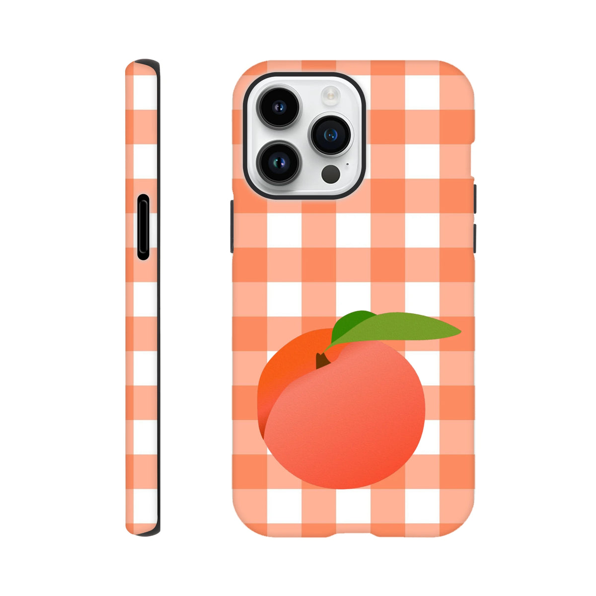 Peach fruit graphic on retro orange and white gingham iPhone case with full wraparound checkered pattern design.