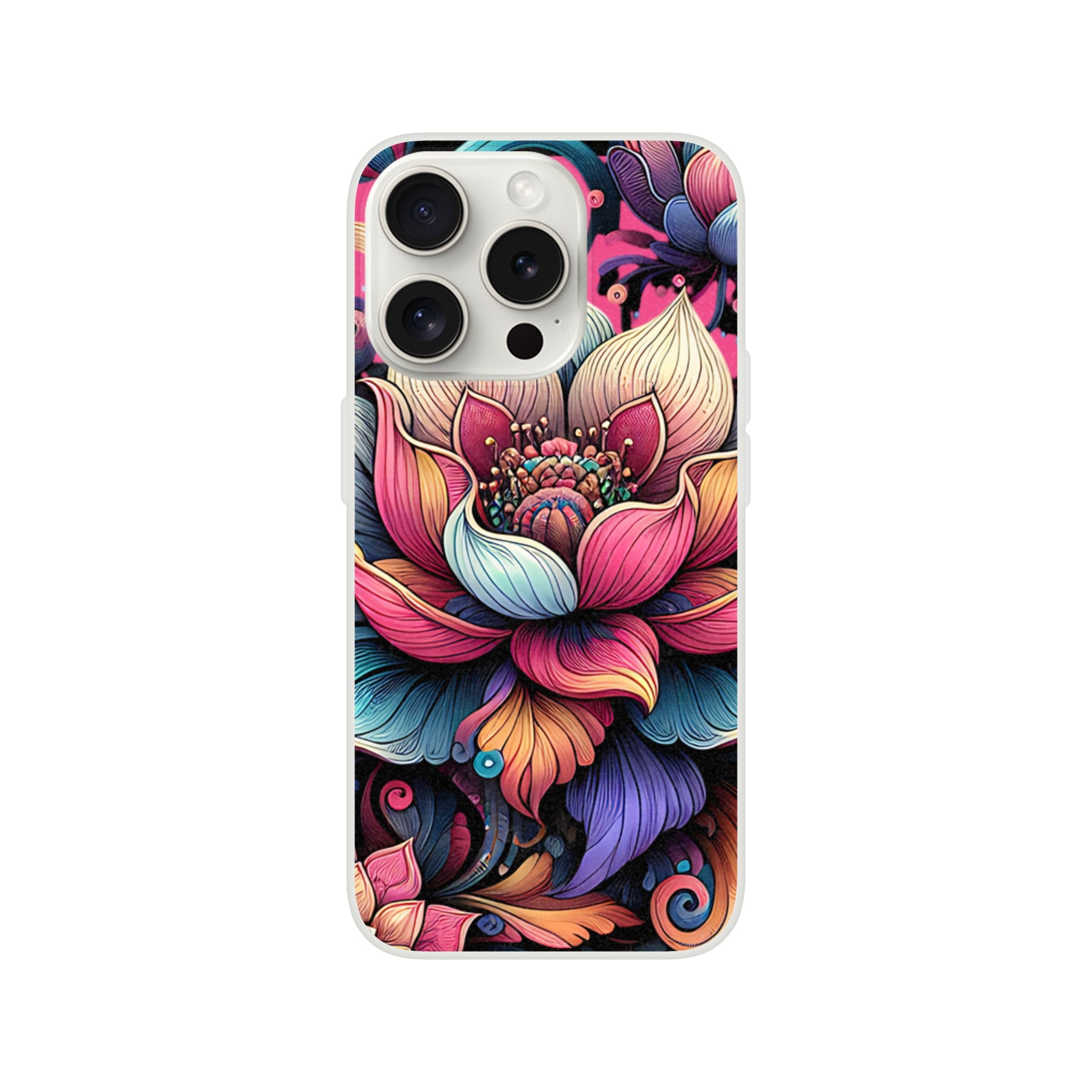 Mandala flower iPhone case with vibrant boho floral design, slim protective cover for iPhone 16/15/14/13.