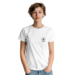 Woman wearing white Vintage Palm Tree Graphic T‑Shirt for Women with circular palm tree patch logo.
