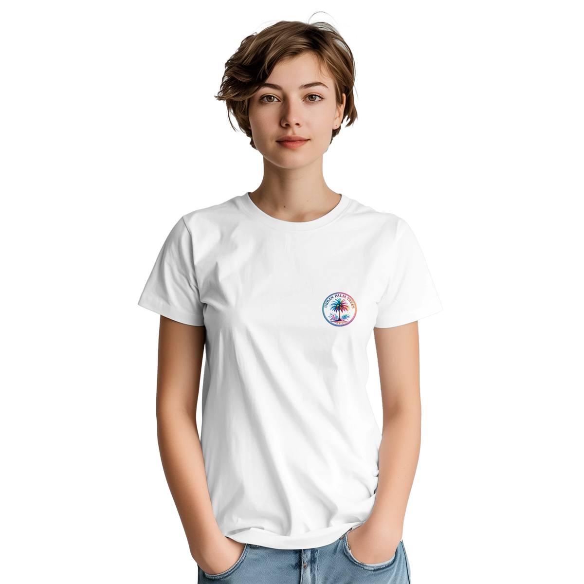 Woman wearing white Vintage Palm Tree Graphic T‑Shirt for Women with circular palm tree patch logo.