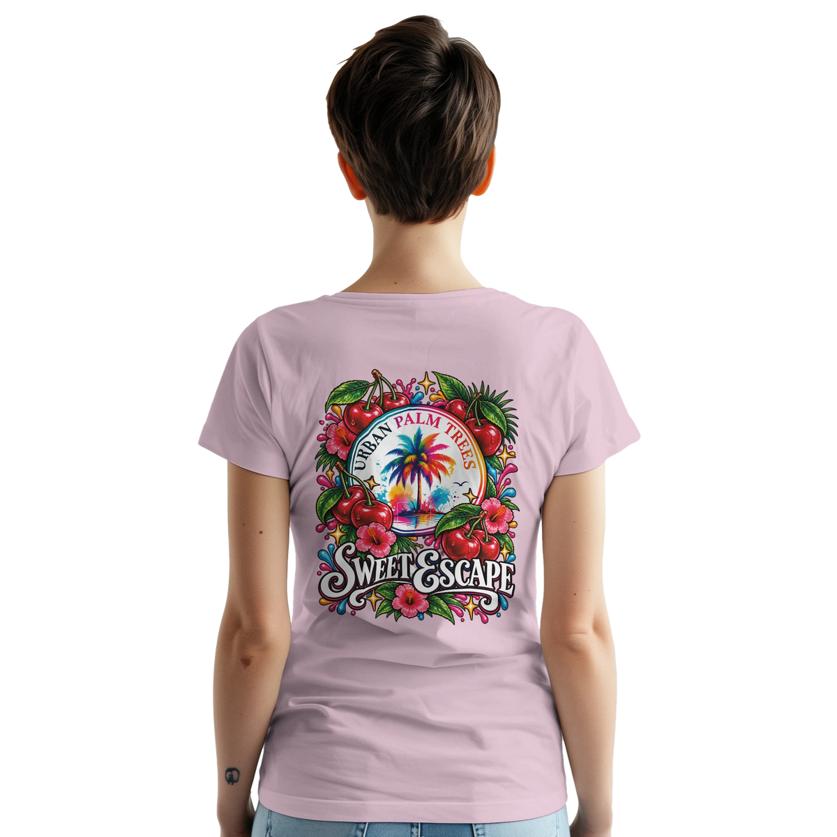 Back view of pink Sweet Escape cherry t-shirt with retro palm tree and hibiscus graphic print.