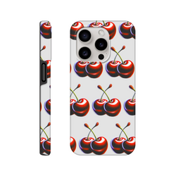 Cherries wraparound print phone case with dual-layer protection for iPhone 13-16, glossy finish.