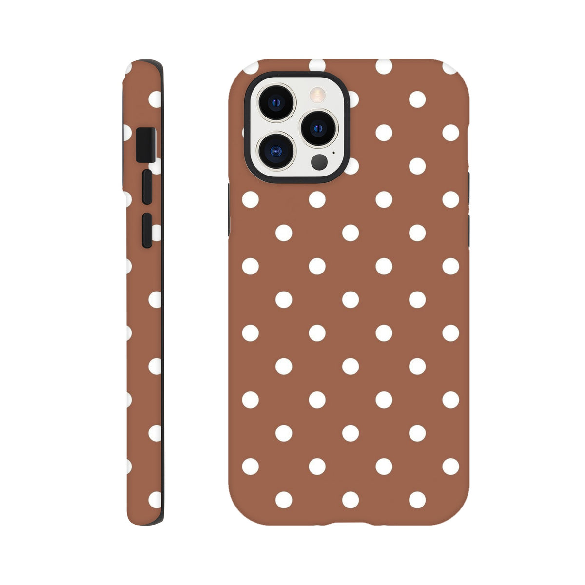 Retro brown and white polka dot tough iPhone case with shock-absorbing TPU protection for iPhone 13-16 Pro Max.