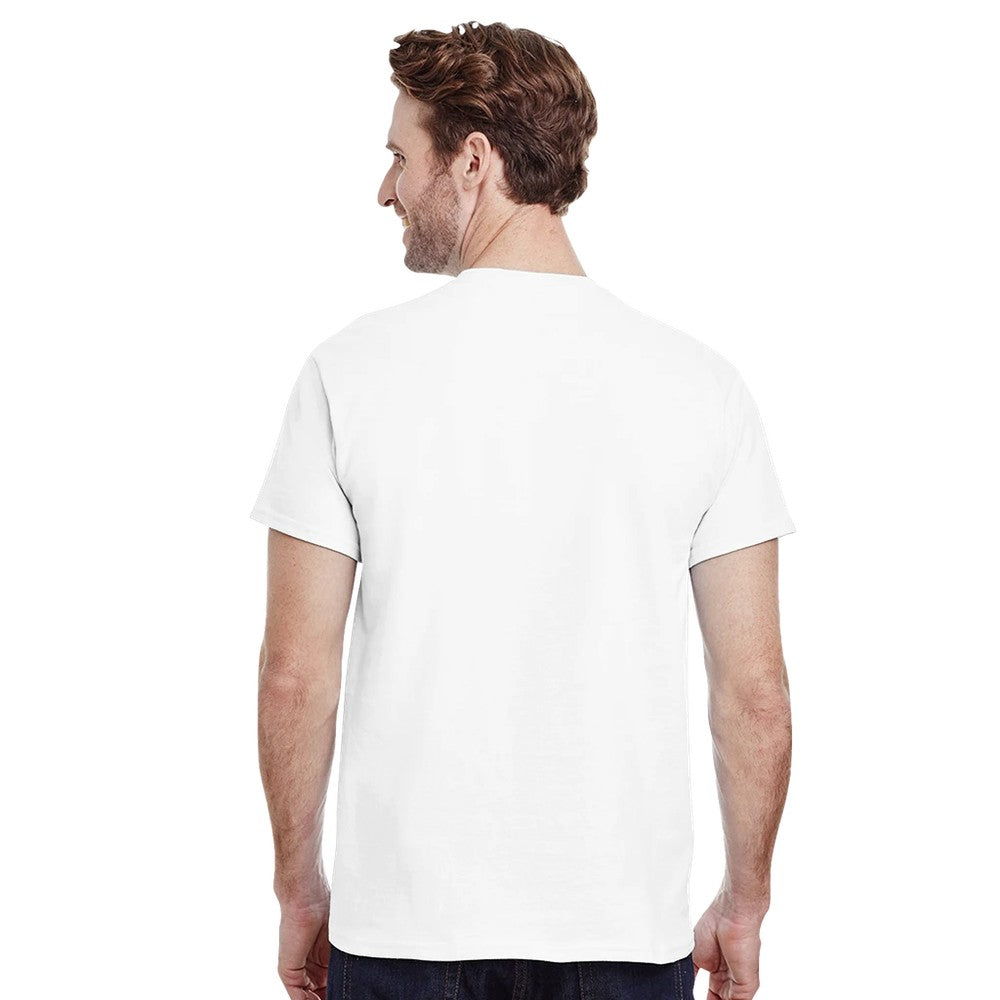 Man wearing white Urban Palm Trees T-Shirt, men’s graphic tee in soft cotton blend, back view