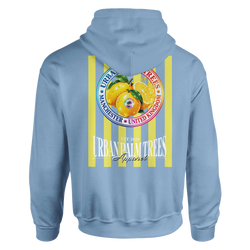 Blue hoodie featuring a retro lemon back print with yellow stripes and Urban Palm Trees Apparel text.
