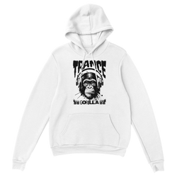 White Trance Gorilla hoodie featuring a black gorilla with headphones and boombox icons.