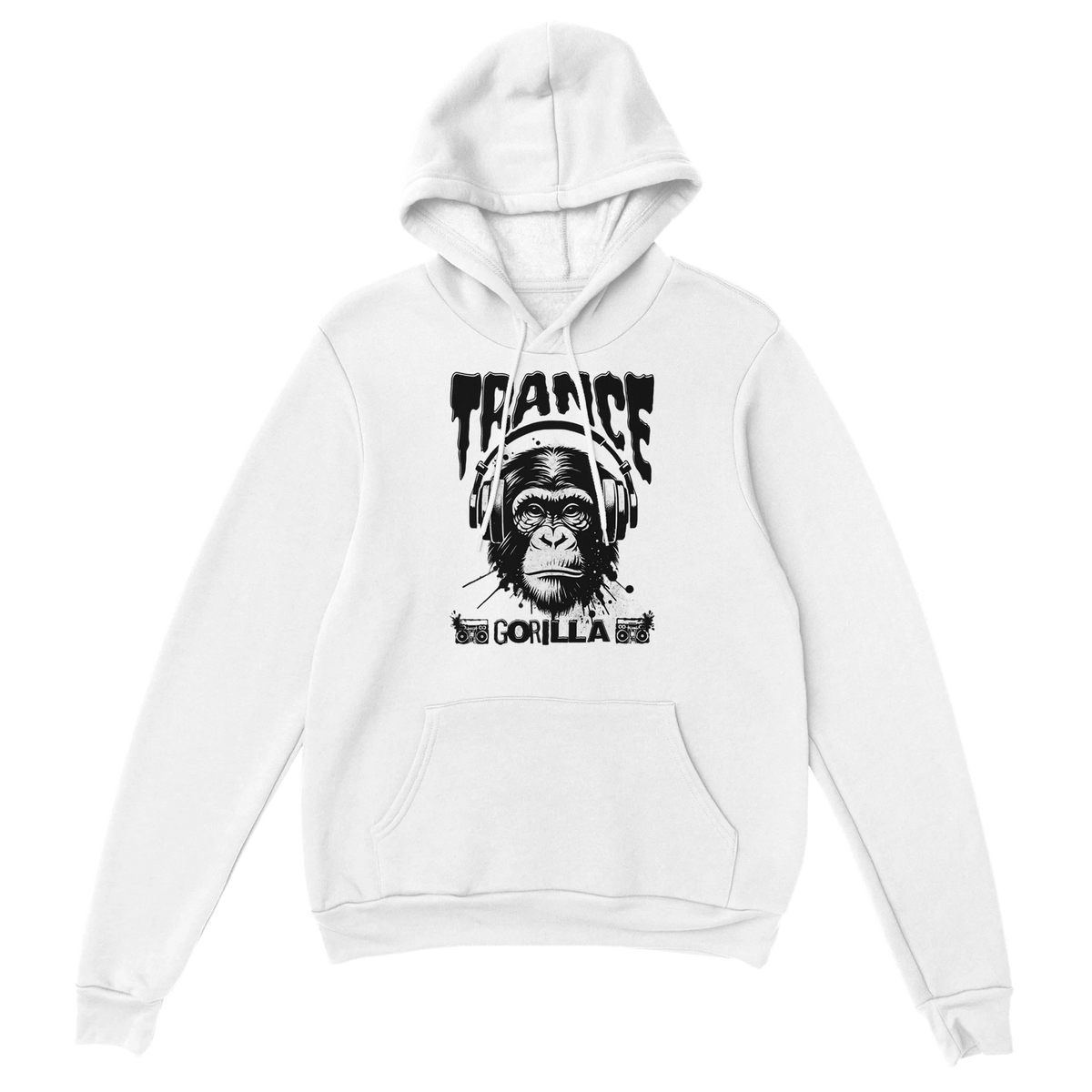 White Trance Gorilla hoodie featuring a black gorilla with headphones and boombox icons.
