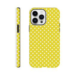 Yellow and white polka dot tough iPhone case with dual-layer TPU protection and precise button access for models 13-16.