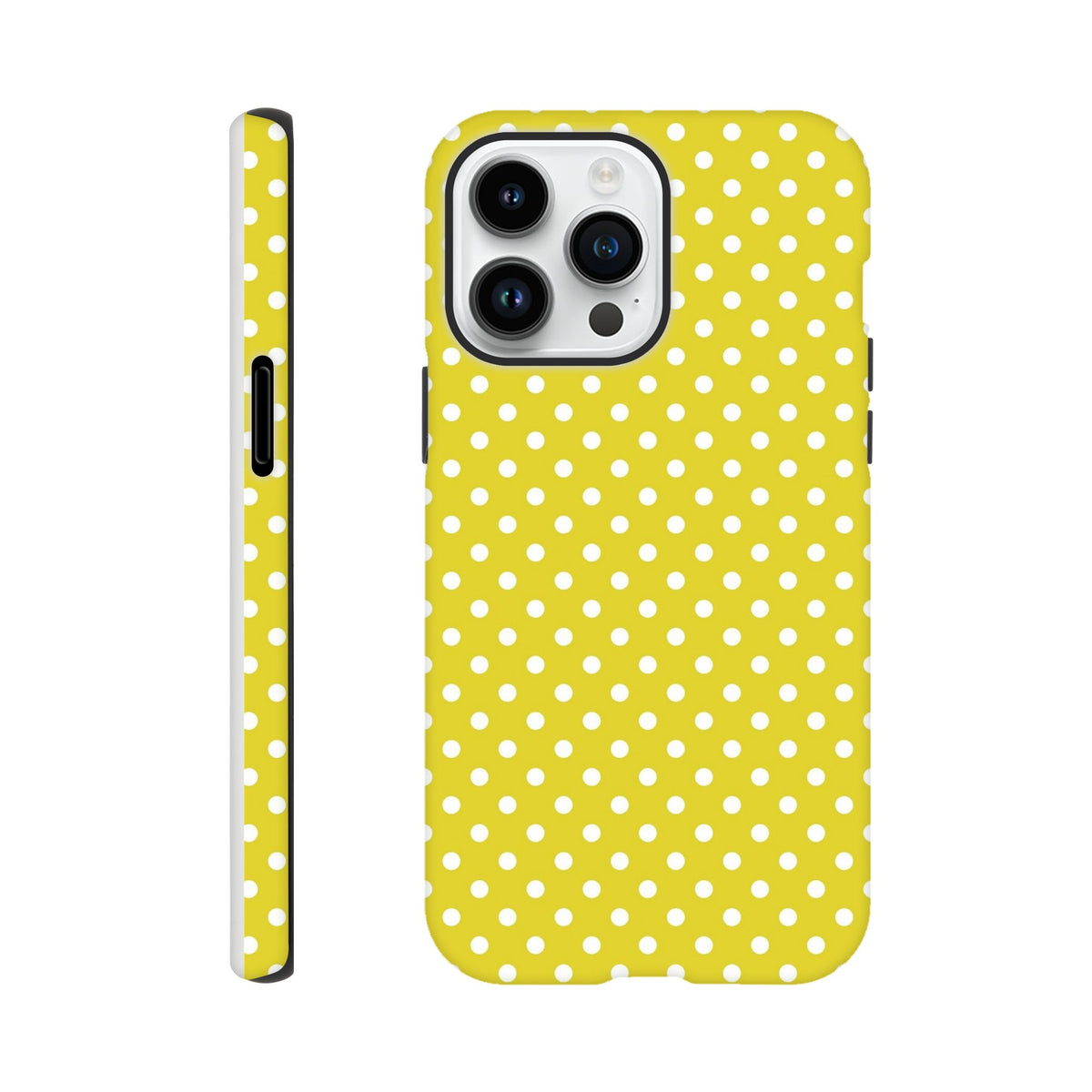 Yellow and white polka dot tough iPhone case with dual-layer TPU protection and precise button access for models 13-16.