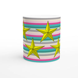 Pastel Stripe Gold Star Mug with yellow stars, a cute aesthetic coffee cup.