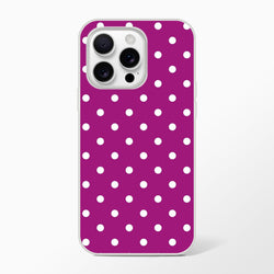 Purple and white retro polka dot iPhone case with matte finish and shock-absorbing TPU protection for models 13-16.