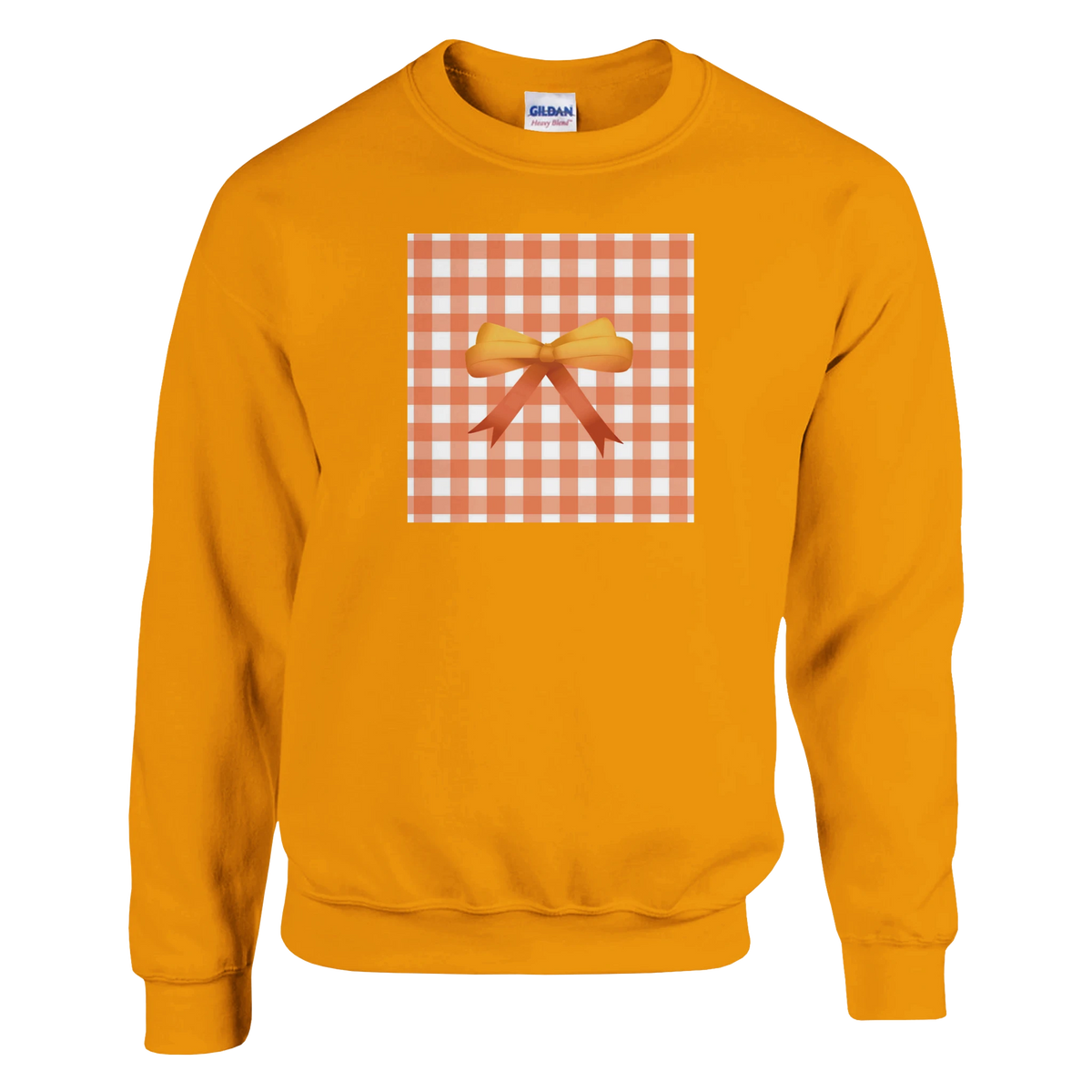 Orange pullover sweatshirt featuring a gingham square graphic with a 3D bow, perfect for cute coquette aesthetic streetwear layering.