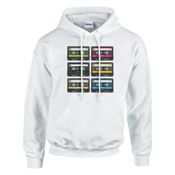 White pullover hoodie featuring a grid of six colorful vintage cassette tape graphics for women, capturing 90s music nostalgia.