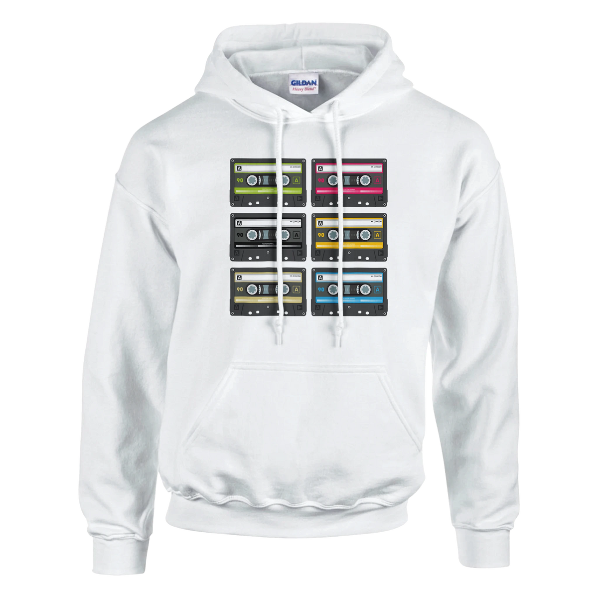 White pullover hoodie featuring a grid of six colorful vintage cassette tape graphics for women, capturing 90s music nostalgia.