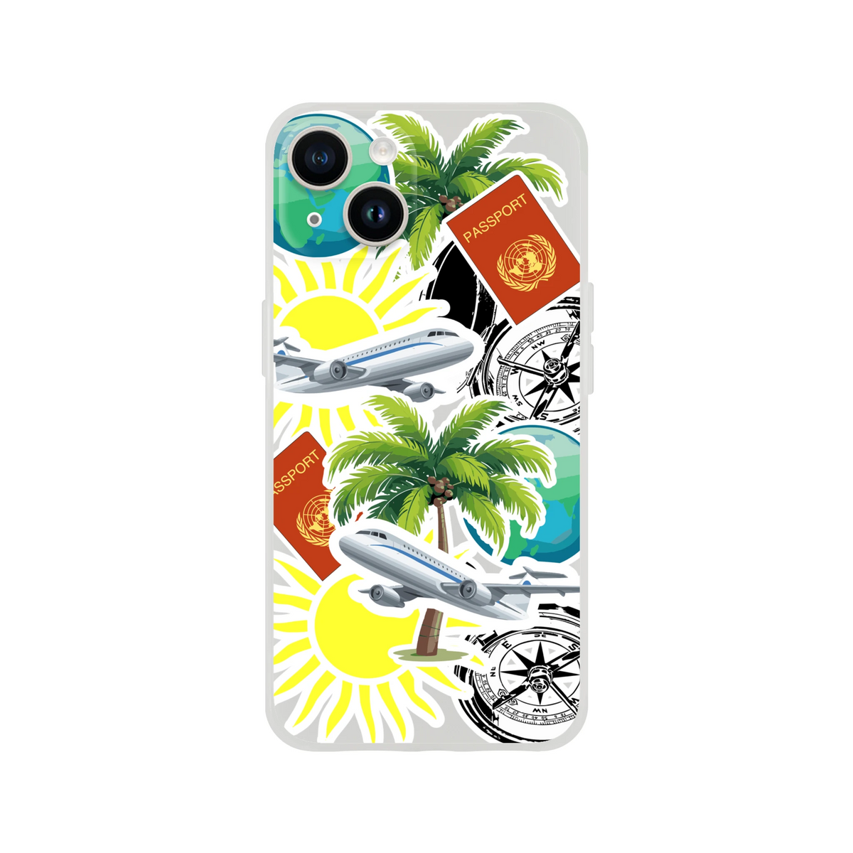 Transparent iPhone case featuring travel sticker design with palm trees, airplanes, passports, and compasses.