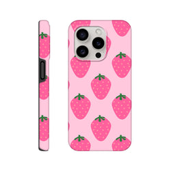 Pink iPhone 13-16 tough case featuring a cute glossy strawberry pattern with vibrant fruit graphics and protective design.