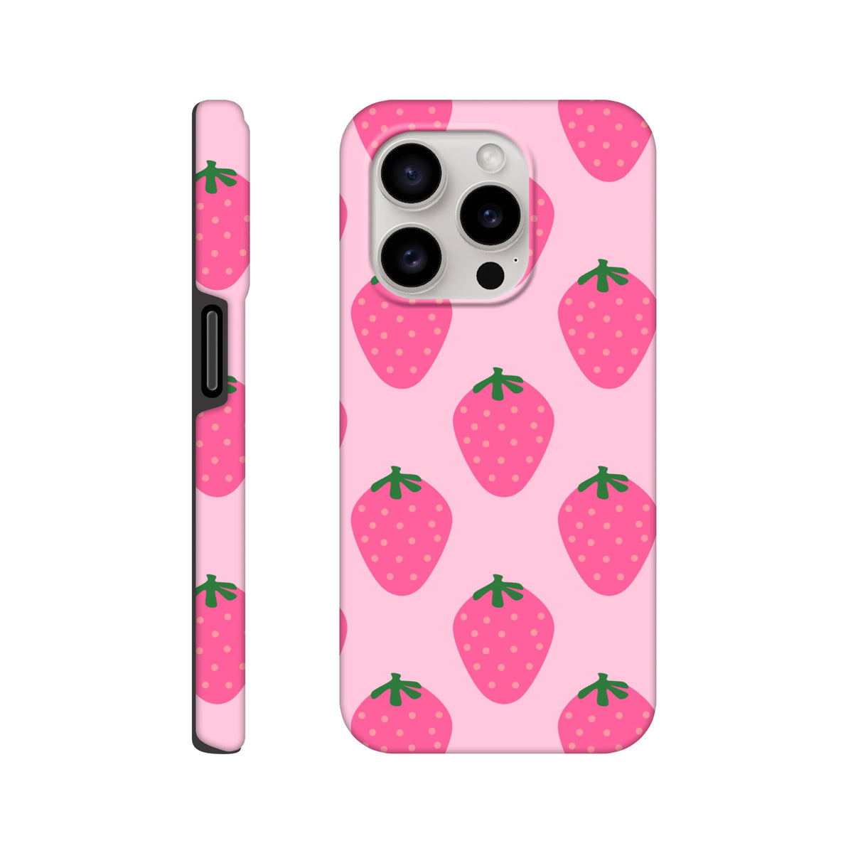 Pink iPhone 13-16 tough case featuring a cute glossy strawberry pattern with vibrant fruit graphics and protective design.