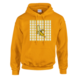 Yellow hoodie with banana illustration on gingham panel, vintage fruit graphic pullover for women.