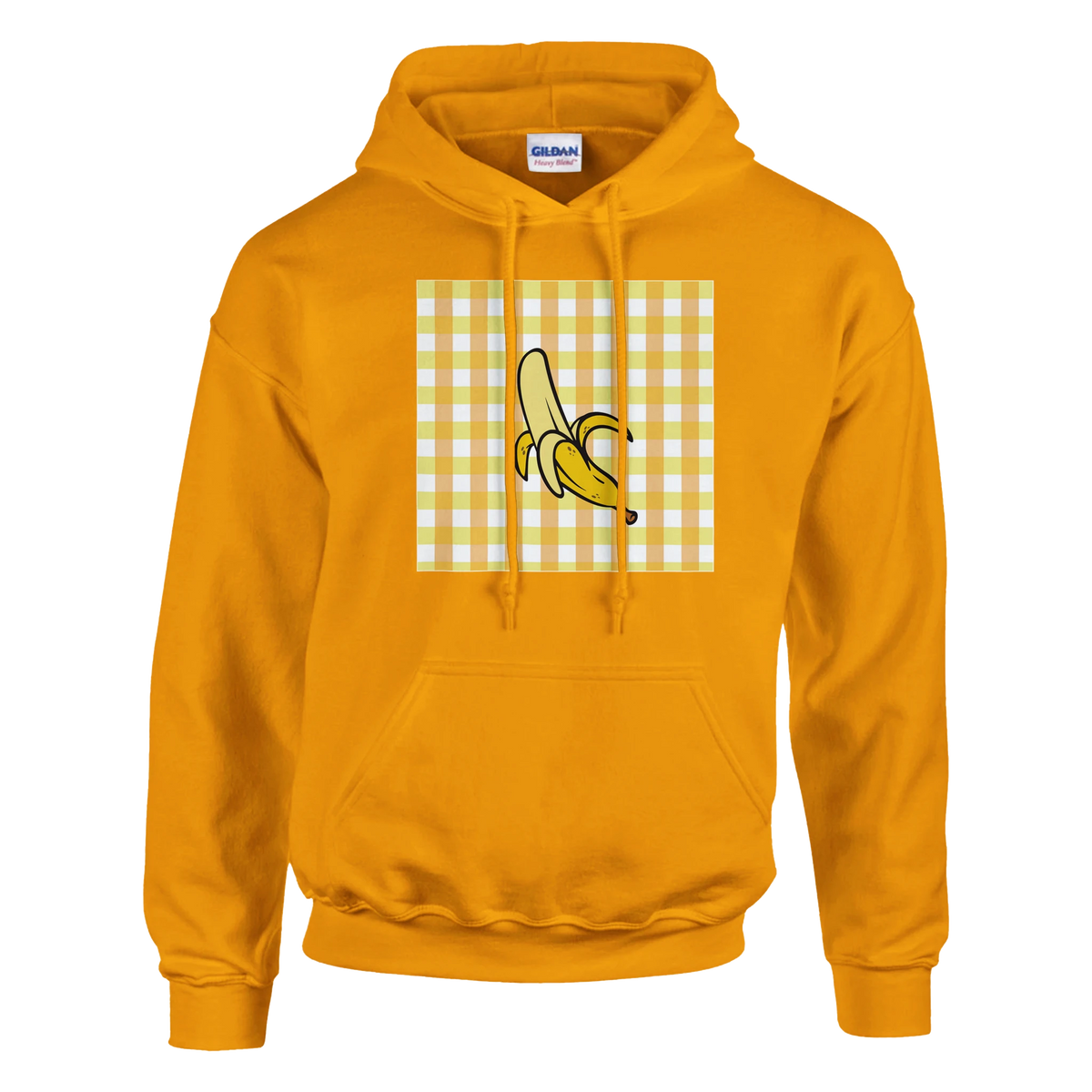 Yellow hoodie with banana illustration on gingham panel, vintage fruit graphic pullover for women.