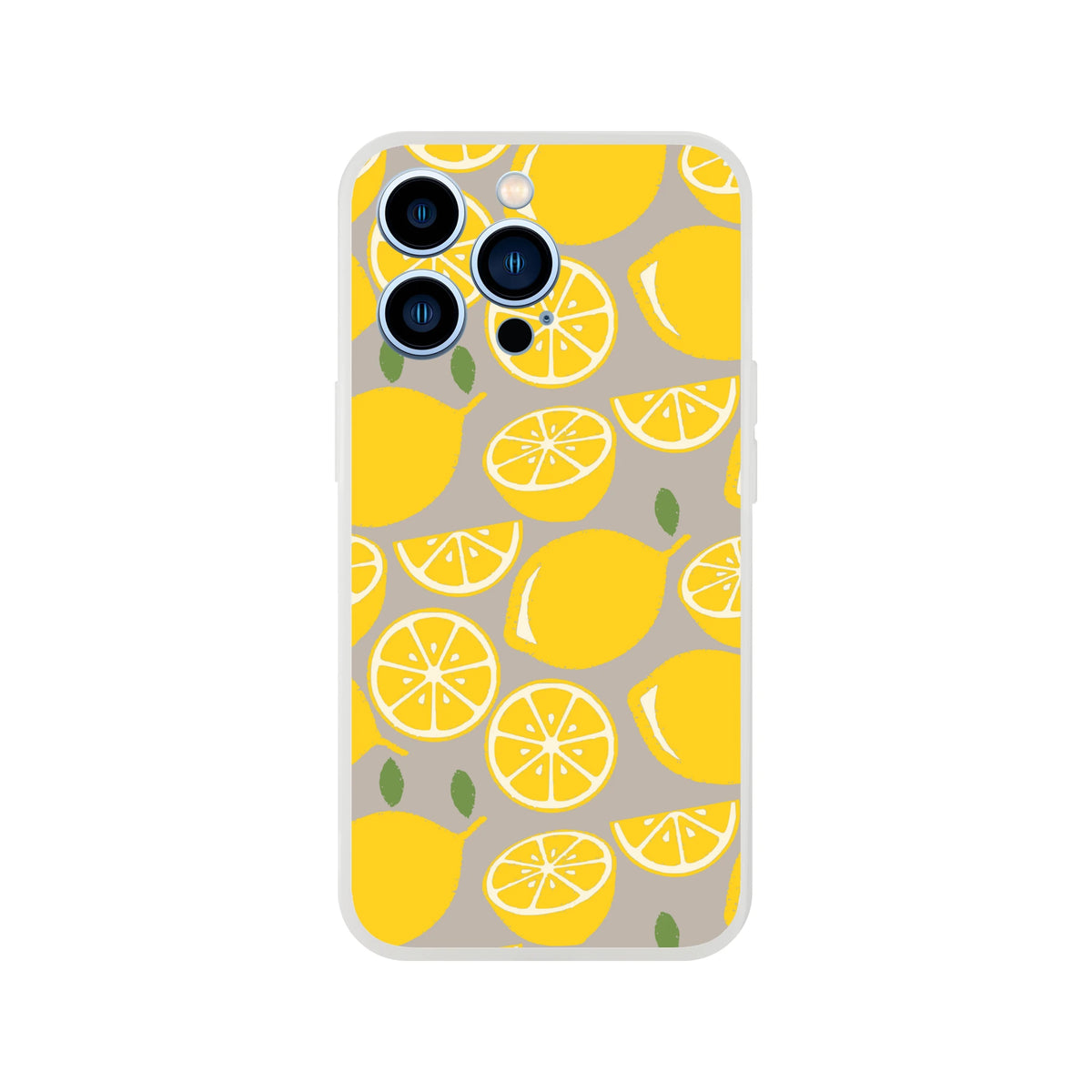 Cute lemon-themed iPhone case for iPhone 13-16 with bright yellow lemon slices on beige, slim matte finish.