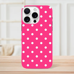 Hot pink & white polka dot tough iPhone case with shock-absorbing TPU and dual-layer protection for iPhone 13-16.