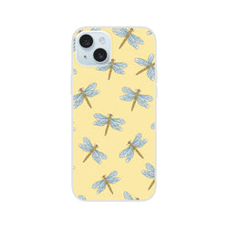 Yellow Dragonfly iPhone Case for iPhone 13–16 featuring blue dragonfly pattern on pale yellow background.