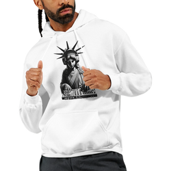 Liberty DJ men's graphic hoodie in white with Statue of Liberty as a DJ, 50/50 cotton-poly blend.