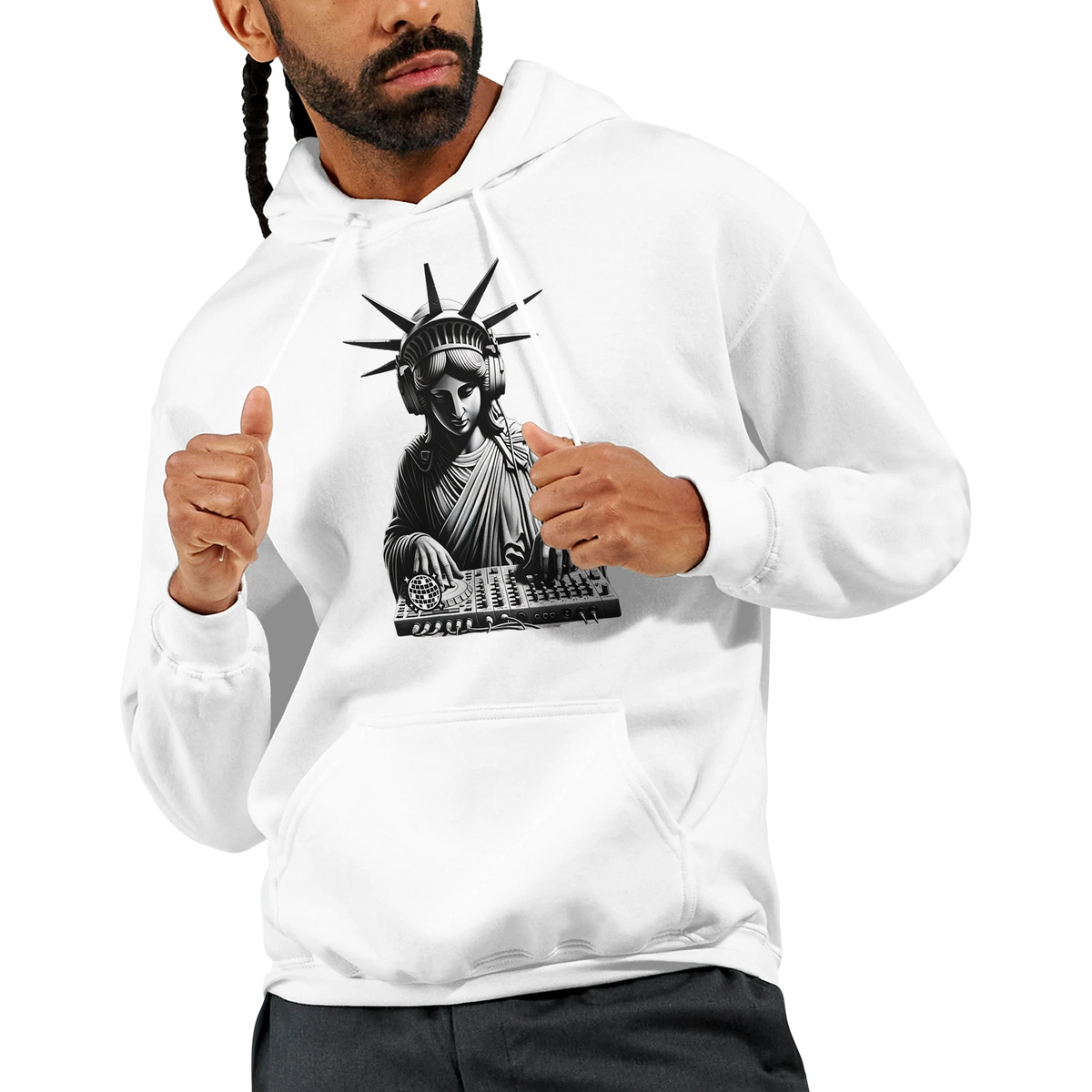 Liberty DJ men's graphic hoodie in white with Statue of Liberty as a DJ, 50/50 cotton-poly blend.
