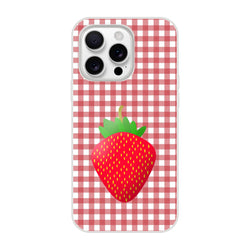 Cute strawberry gingham iPhone case for 13-16, pink aesthetic with check pattern and strawberry illustration.