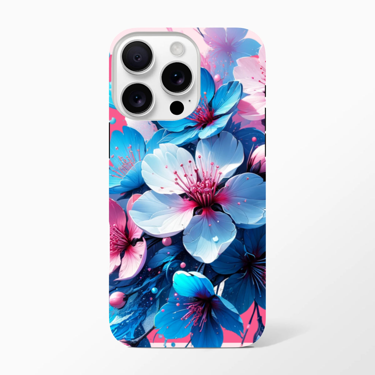 Vibrant blue and pink floral iPhone case design. Tough flower phone cover for urban style and daily protection.