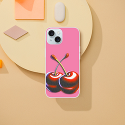 Retro Cherries iPhone case (13-16): pink with cherry artwork, Y2K aesthetic, slim matte TPU cover