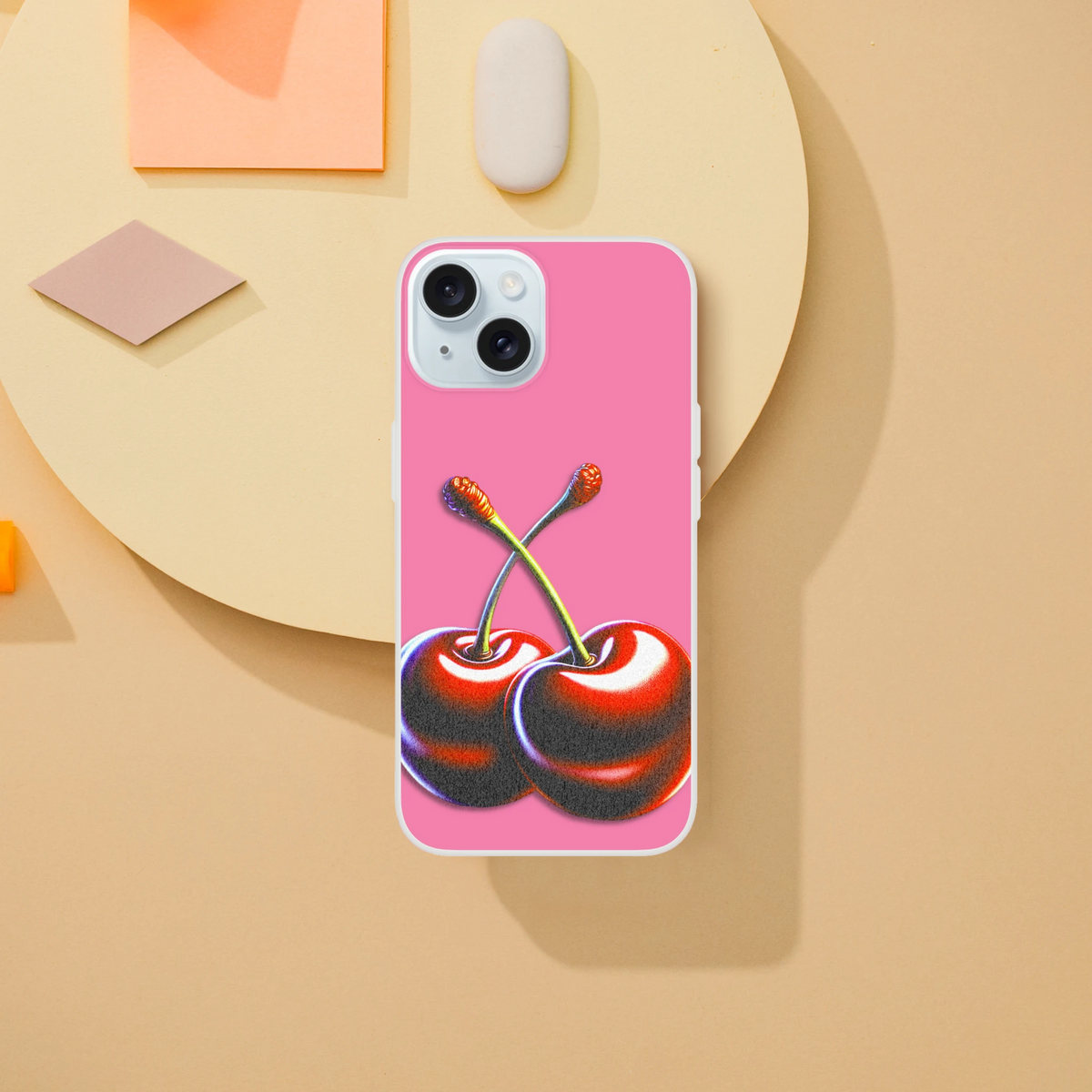 Retro Cherries iPhone case (13-16): pink with cherry artwork, Y2K aesthetic, slim matte TPU cover