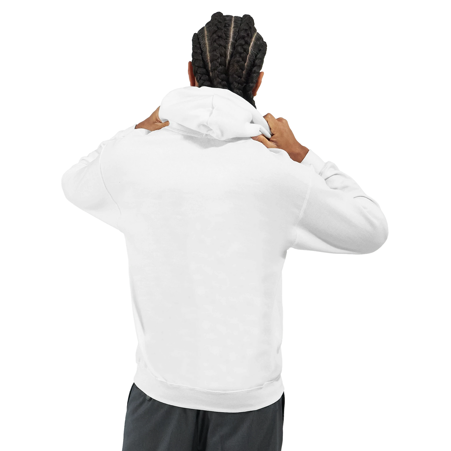 Person wearing a white men's union jack hoodie with arms crossed behind their back on a white background. 2